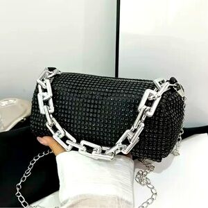 New - Unique - Glamified Crossbody Evening Bag with Chain Straps - Black/Silver